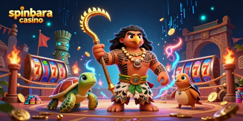 Experience thrills at Spinbara Casino with dynamic characters, slots, and vibrant casino elements.