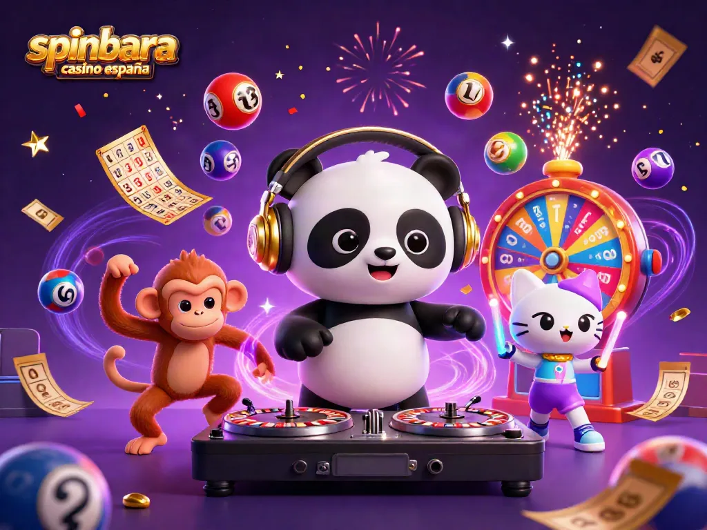 Engage with spinbara casino españa through vivid gaming scenes featuring a DJ panda and vibrant casino elements.