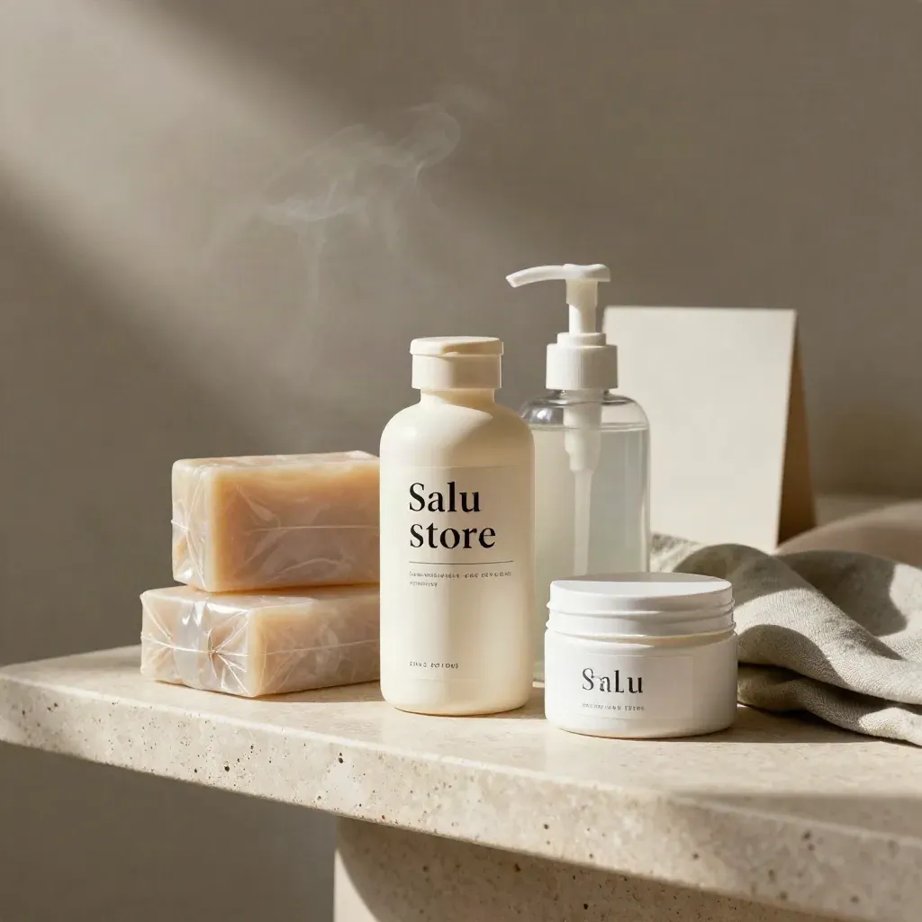Pack de cuidado diario con suplementos, jabón, gel y crema sobre repisa de piedra clara.