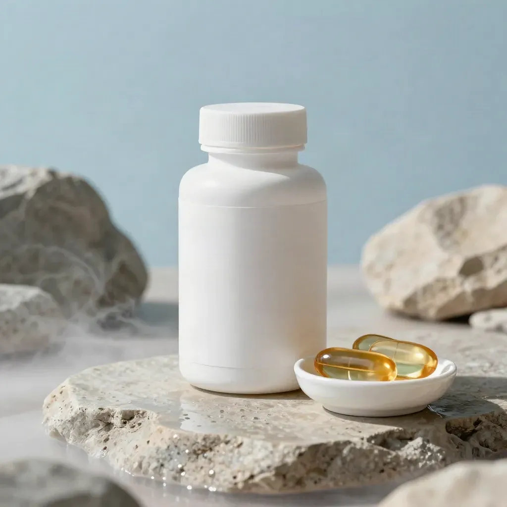 Frasco blanco de vitamina D3 sobre piedra húmeda con cápsulas ámbar y plato cerámico.