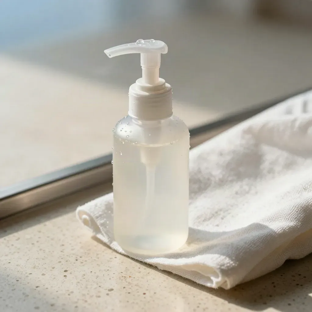 Dispensador de gel hidroalcohólico con gotas, tapa de viaje y paño sobre travertino claro.