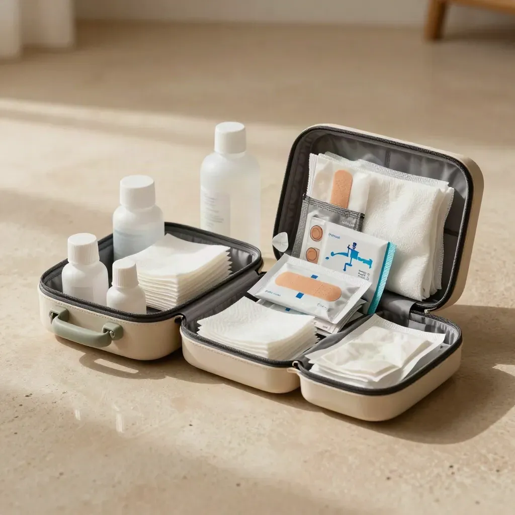 Kit de salud en casa con botellas, gasas y estuche rígido sobre suelo claro