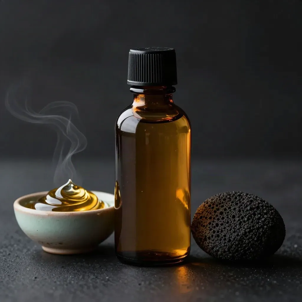 Frasco ámbar de aceite de árnica con cuenco cerámico y piedra oscura sobre fondo negro.