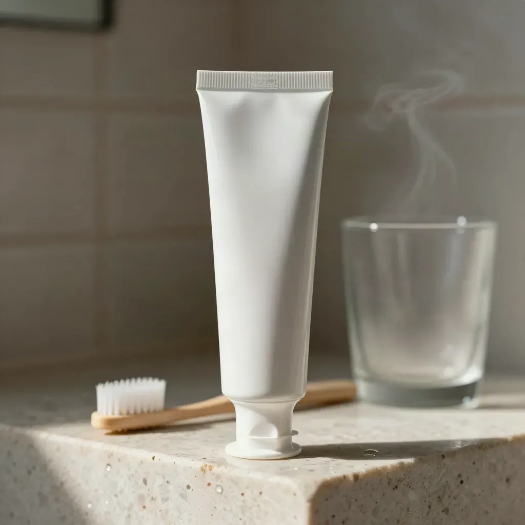 Tubo de pasta dental blanca sobre travertino con cepillo y vapor suave