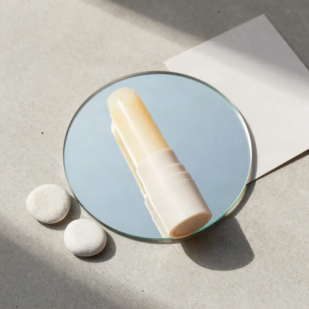 Bálsamo labial SPF cerrado con espejo opaco y guijarros claros sobre hormigón.