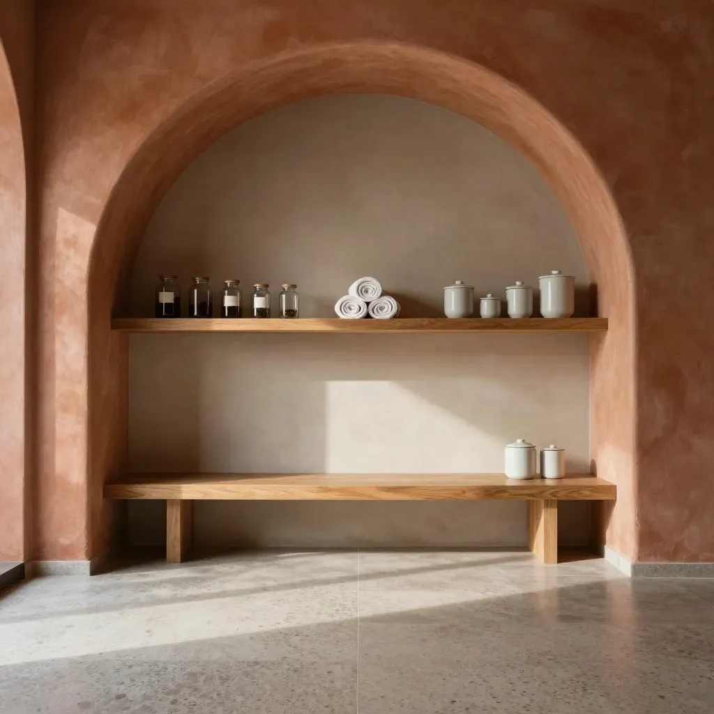 Pasillo minimalista con arco de yeso, banco de roble y luz lateral suave en una tienda wellness.